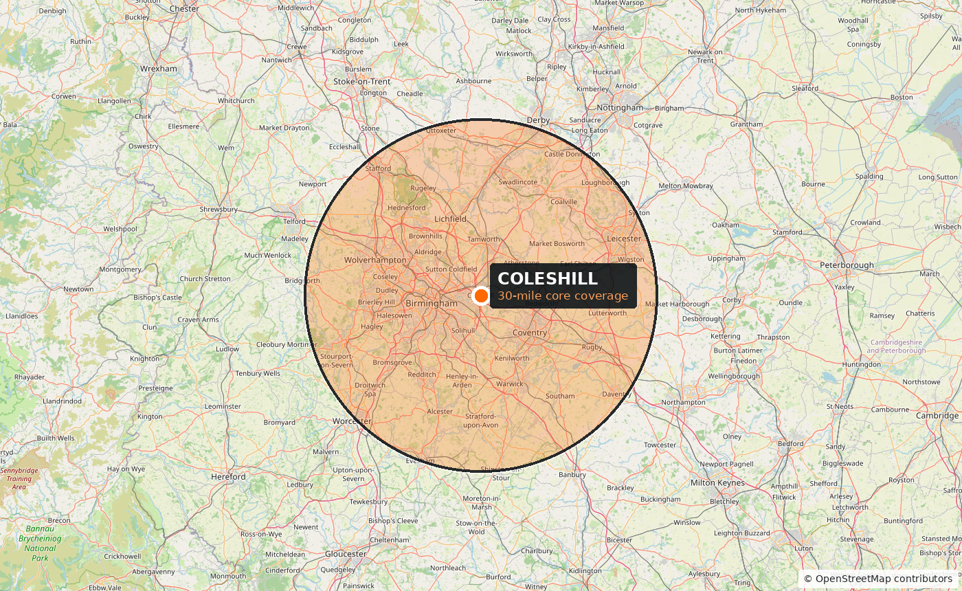 Road map showing Transcend Fleet Care's 30-mile core coverage radius from Coleshill across the West Midlands, Warwickshire and Leicestershire